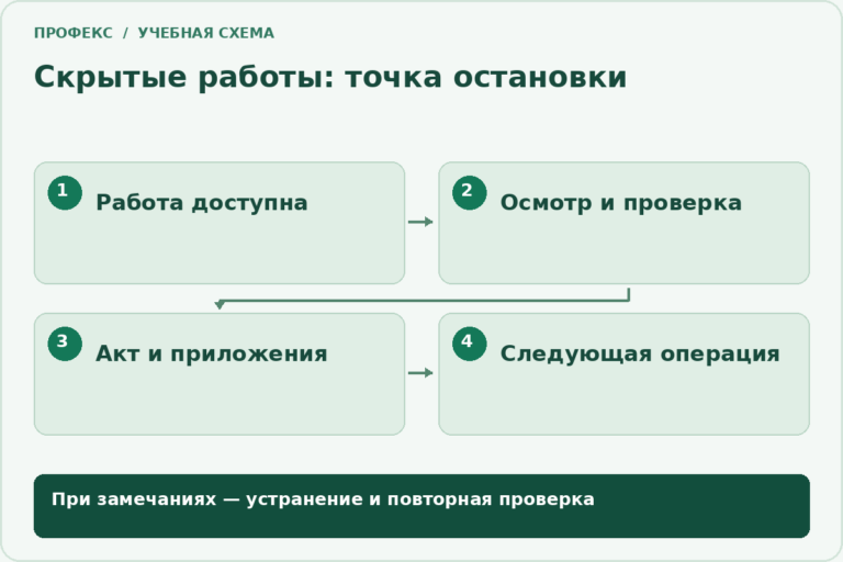 Скрытые работы: точка остановки: Работа доступна; Осмотр и проверка; Акт и приложения; Следующая операция