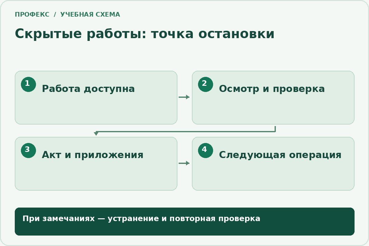 Скрытые работы: точка остановки: Работа доступна; Осмотр и проверка; Акт и приложения; Следующая операция