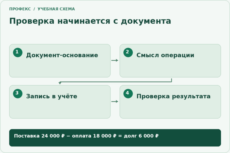Проверка начинается с документа: Документ-основание; Смысл операции; Запись в учёте; Проверка результата