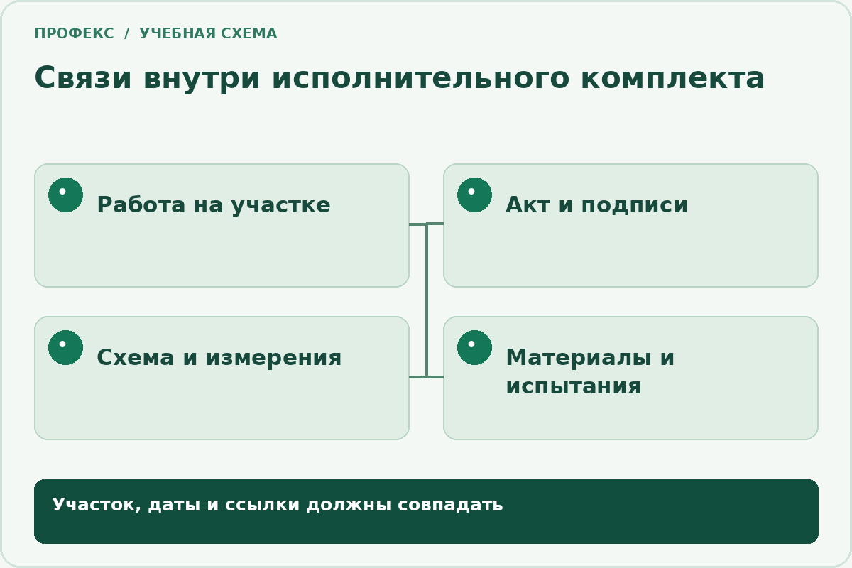 Связи внутри исполнительного комплекта: Работа на участке; Акт и подписи; Схема и измерения; Материалы и испытания