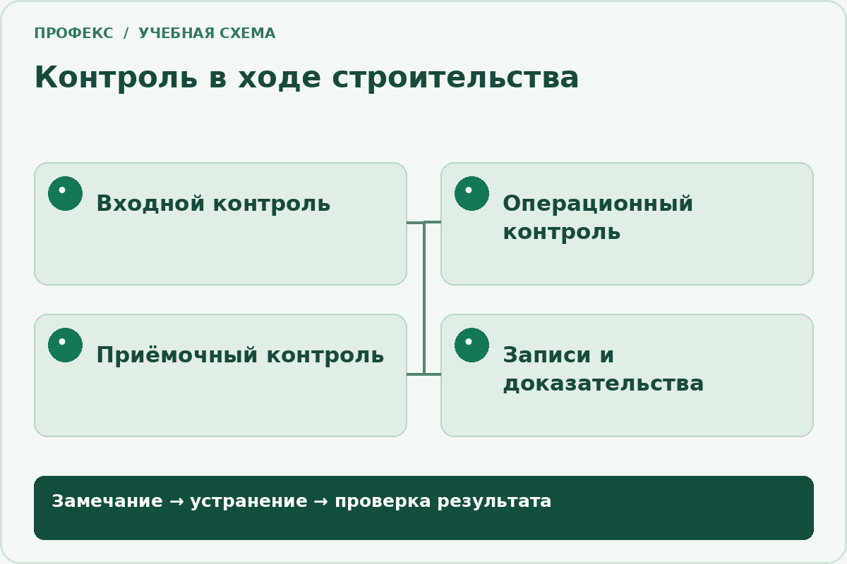 Контроль в ходе строительства: Входной контроль; Операционный контроль; Приёмочный контроль; Записи и доказательства