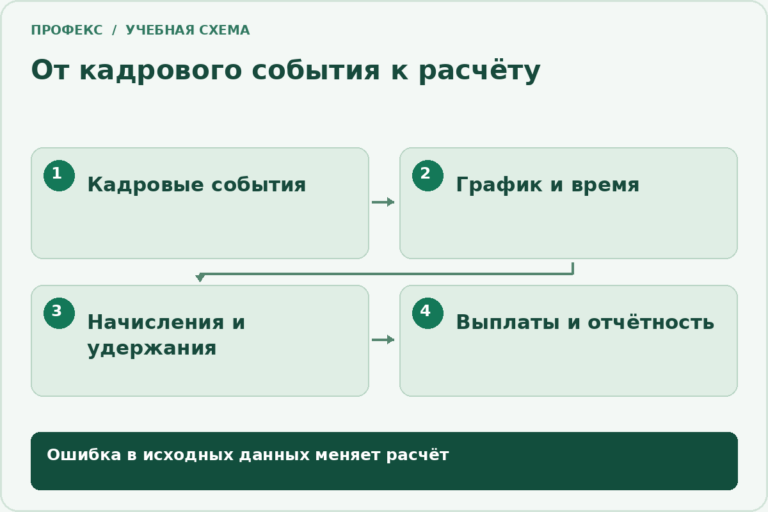 От кадрового события к расчёту: Кадровые события; График и время; Начисления и удержания; Выплаты и отчётность